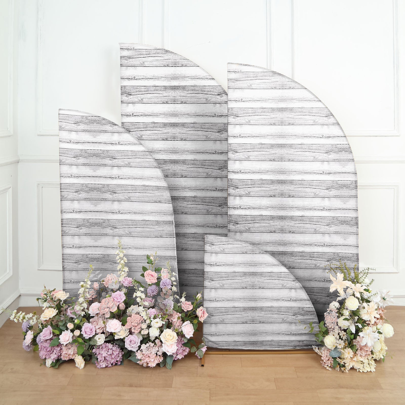 Set of 4 Whitewash Rustic Wood Print Spandex Chiara Backdrop Stand Covers, Fitted Covers For Half Moon Wedding Arches - 2.5ft, 5ft, 6ft, 7ft