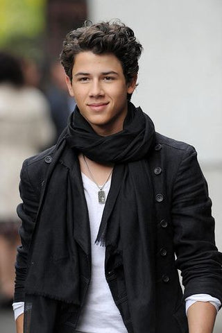 Nick Jonas wearing pashmina cashmere scarf