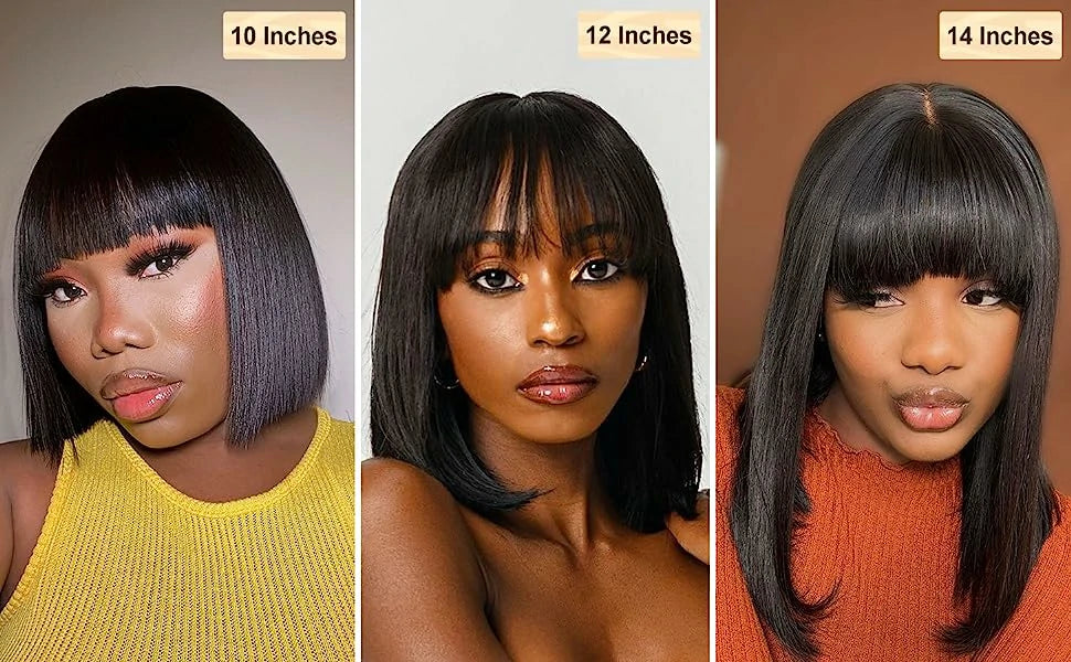 Brennas Hair Short Straight Hair Bob Wigs Brazilian Human Hair Wig With Bangs Remy Full Machine Made Wig for Women Non Lace Glueless Bob Wig