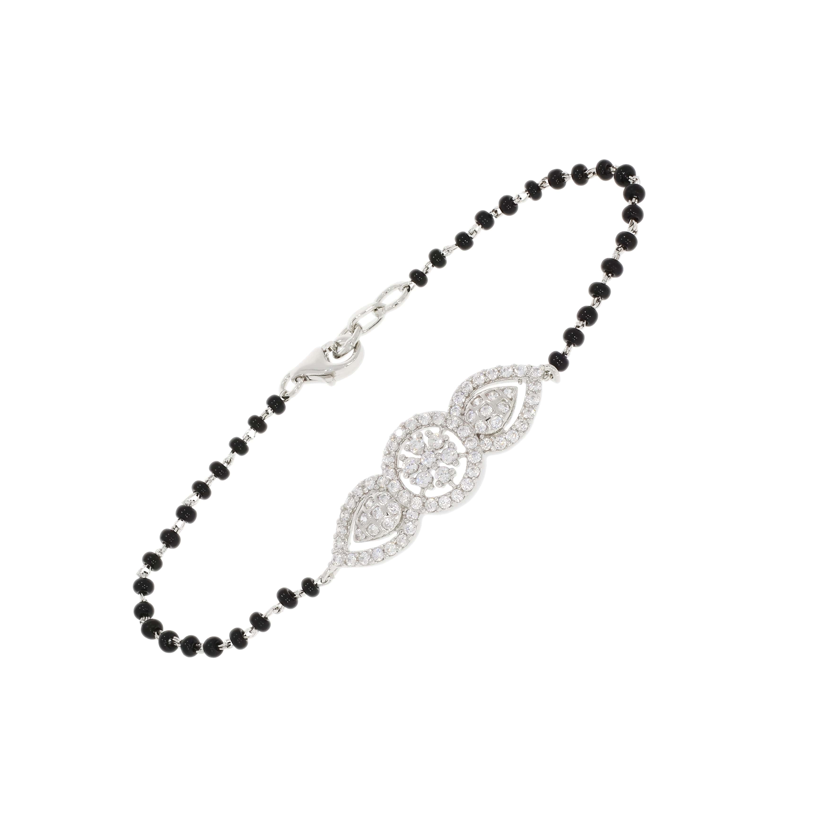 CLARA 925 Sterling Silver Bar Hand Mangalsutra Bracelet Black Beads, R