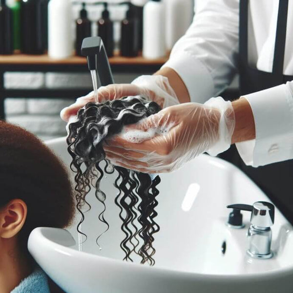 un estilista en un salón demostrando el proceso de lavado y acondicionamiento de extensiones de cabello natural, centrándose en el cuidado suave y el uso de productos especiales