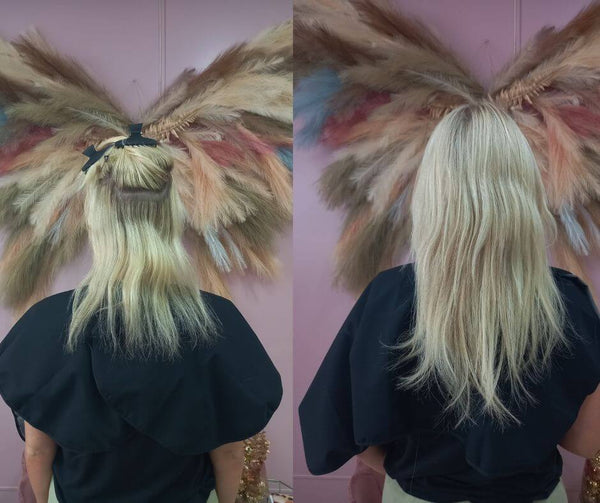 Transformación de extensiones de cabello antes y después.