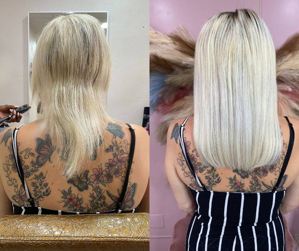 Antes y después de extensiones de cabello en mujer rubia.