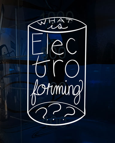 dark blue background with hand-drawn graphic "what is electroforming???"