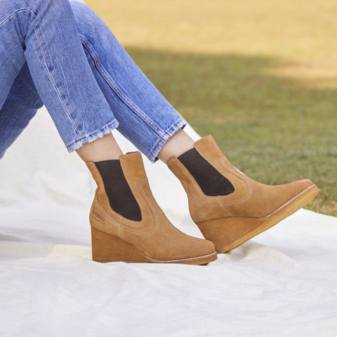 Saint Tesora Tan Suede Leather Mid Heel Wedge Boots