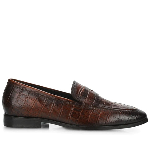 Brown Croco Embossed Leather Loafers