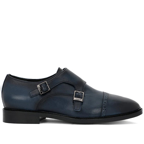 Blue Leather Monk Strap Shoes