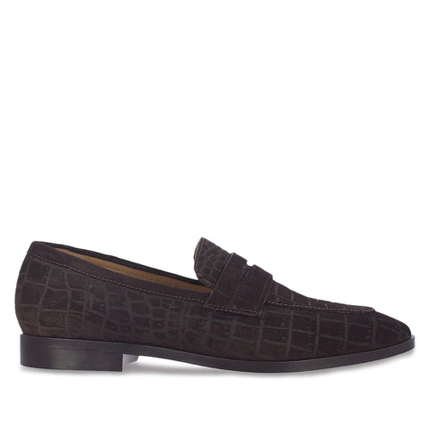Brown Suede Croco Print Leather Loafers 