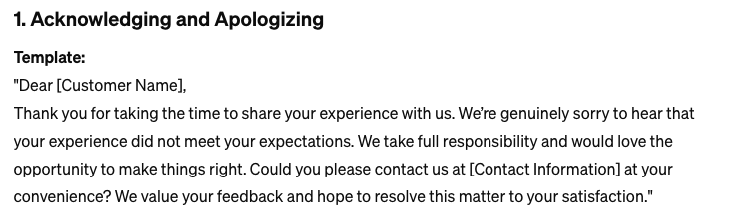 Acknowledging and Apologizing review reply template