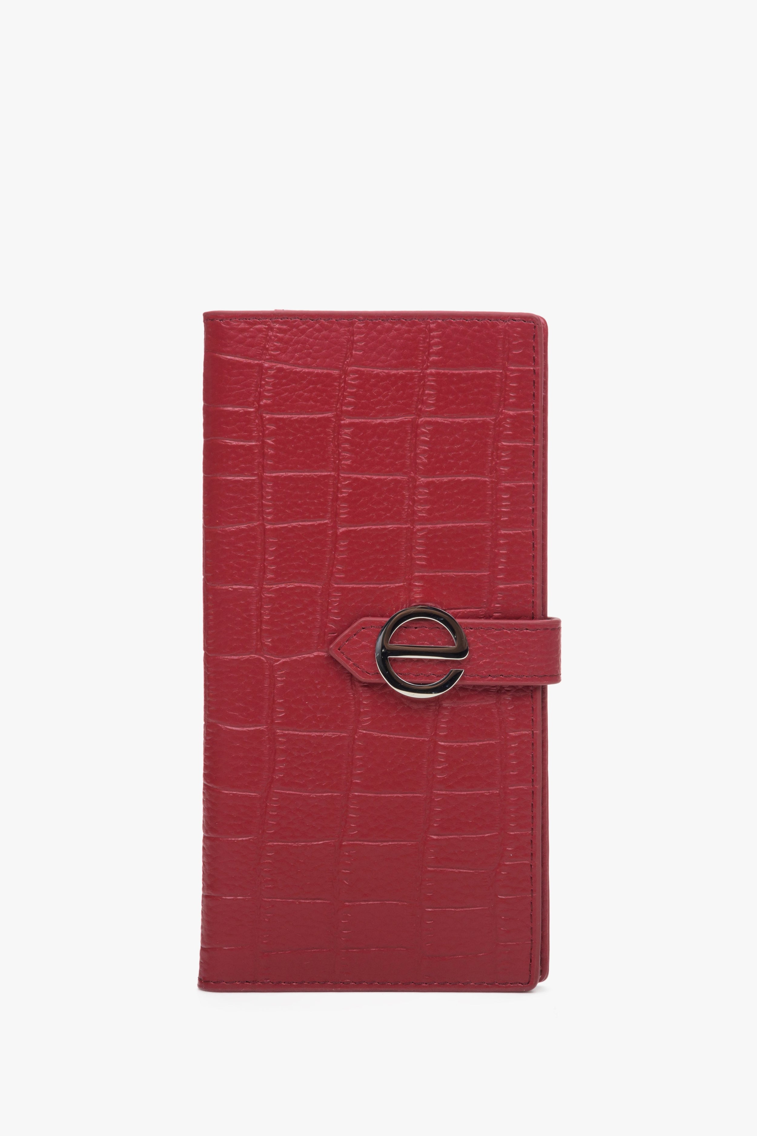 Estro: Duży czerwony portfel damski z tłoczonej skóry naturalnej ze złotymi detalami
