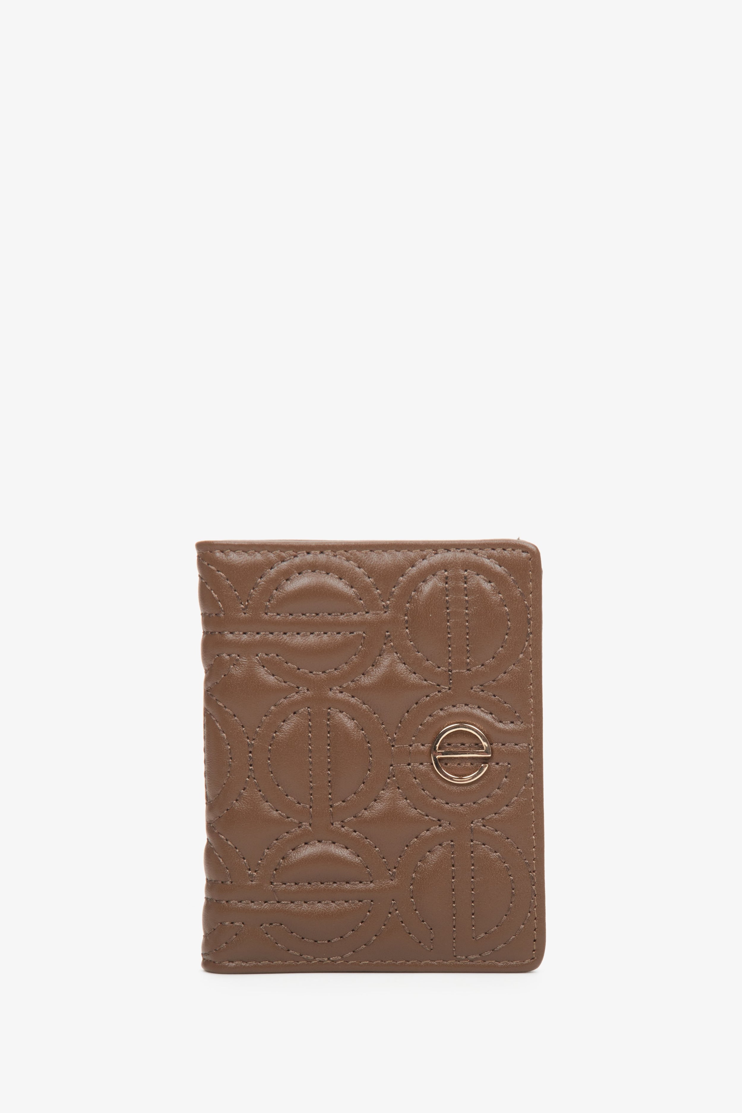 Estro: Mały skórzany portfel damski w kolorze ciemnobrązowym ze złotymi okuciami