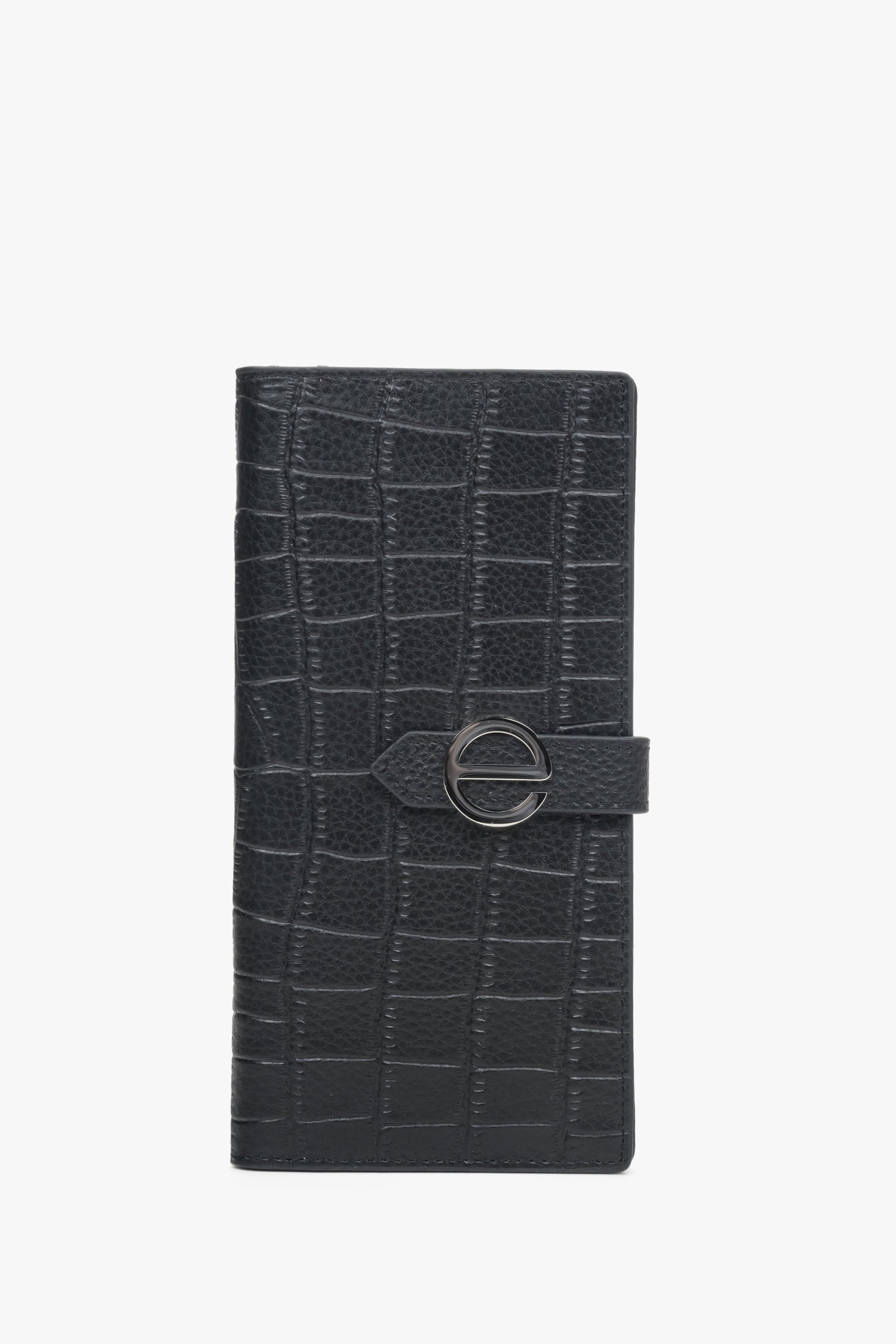 Estro: Duży czarny portfel damski z tłoczonej skóry naturalnej ze srebrnymi detalami