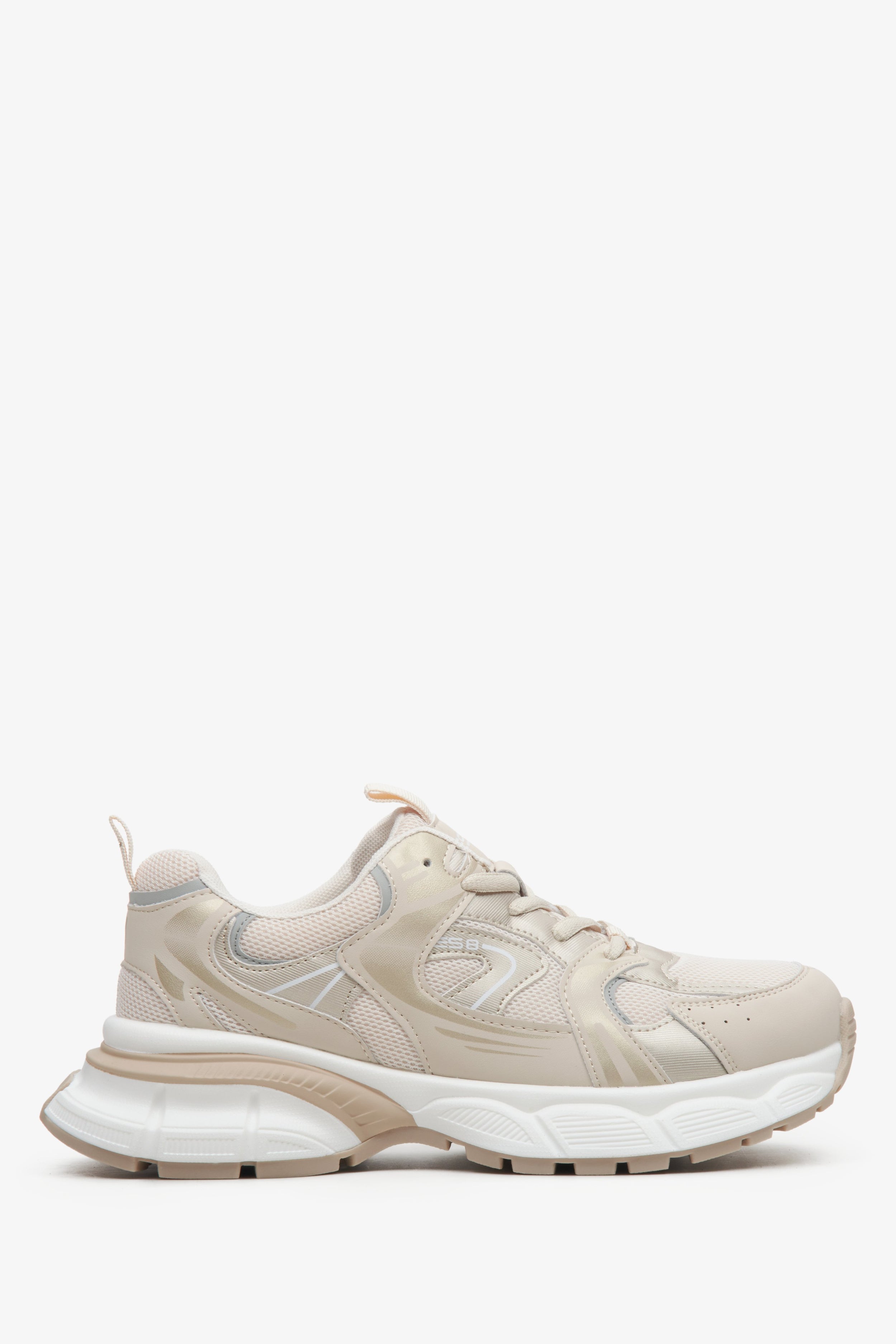 ES8: Beżowo-białe sneakersy damskie ze złotymi zdobieniami