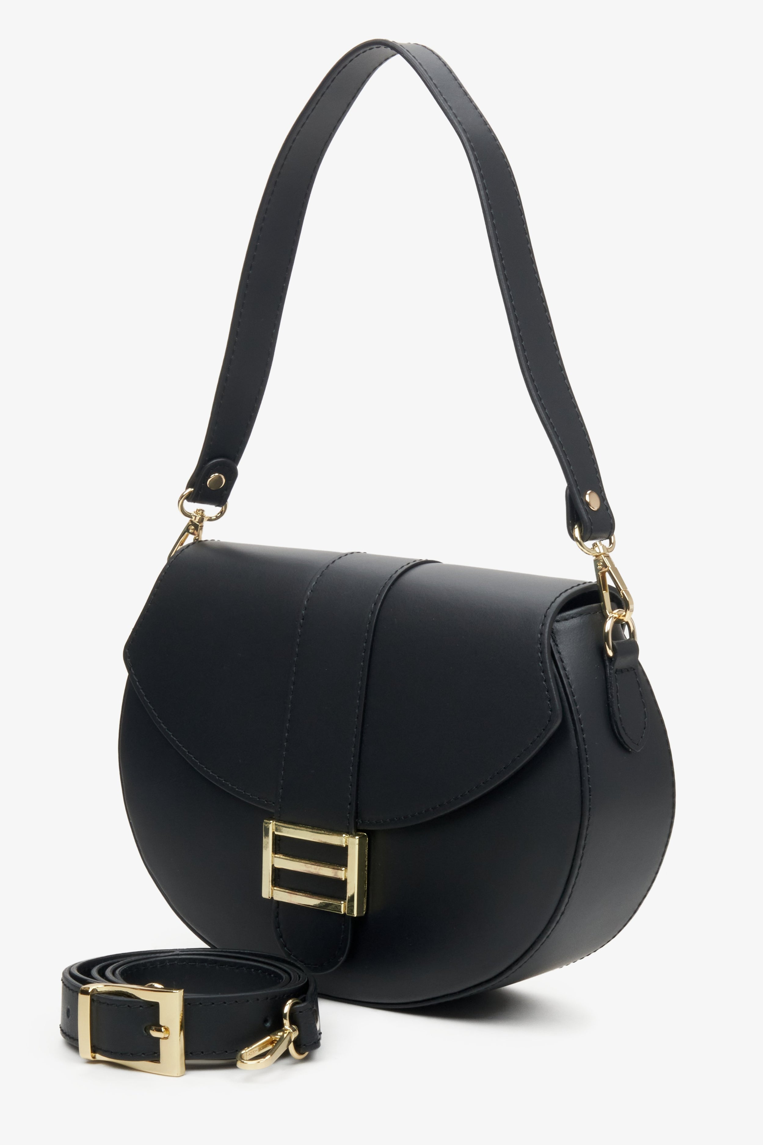 Estro: Czarna skórzana torebka damska w kształcie podkowy ze złotymi okuciami