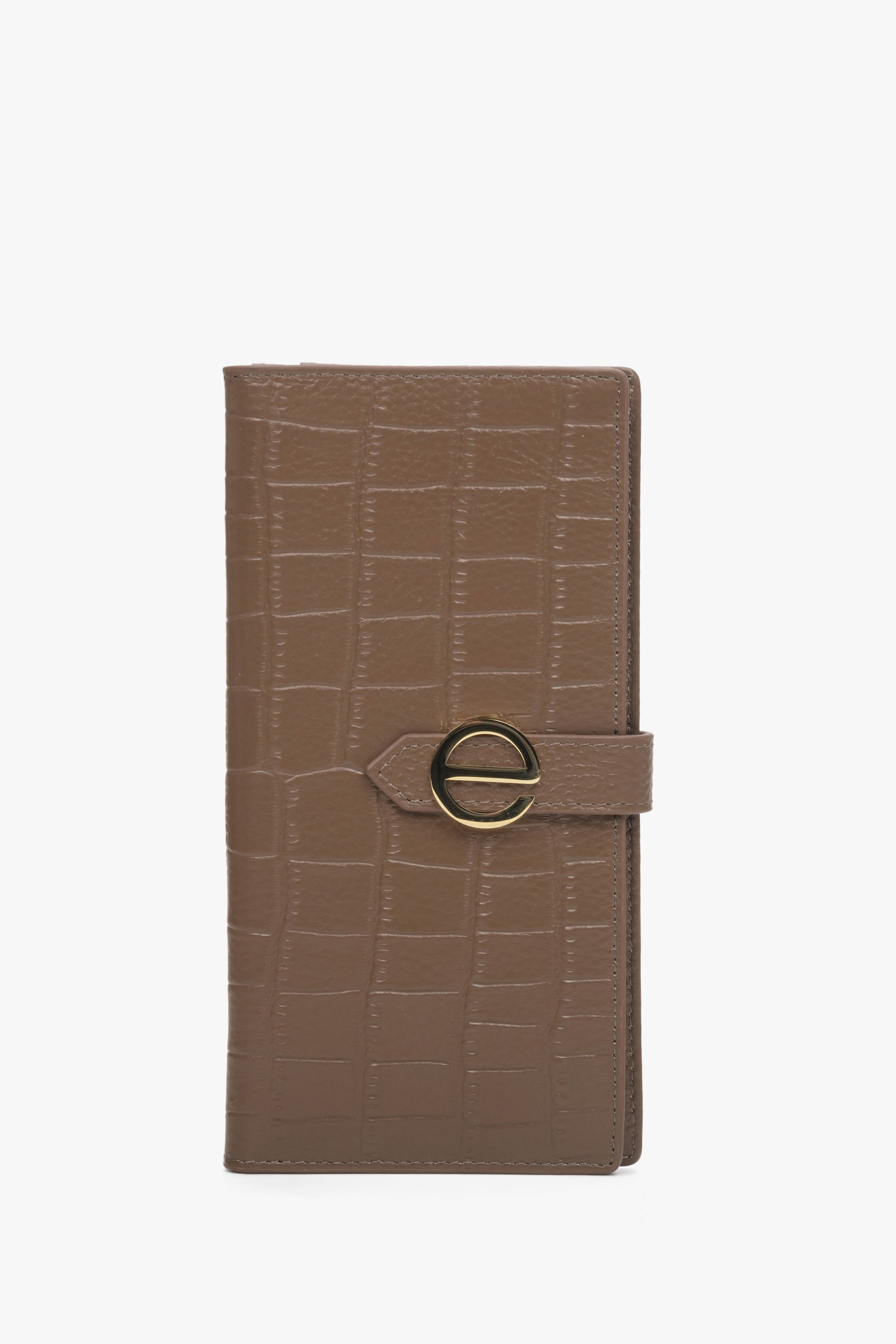 Estro: Duży brązowy portfel damski z tłoczonej skóry naturalnej ze złotymi detalami
