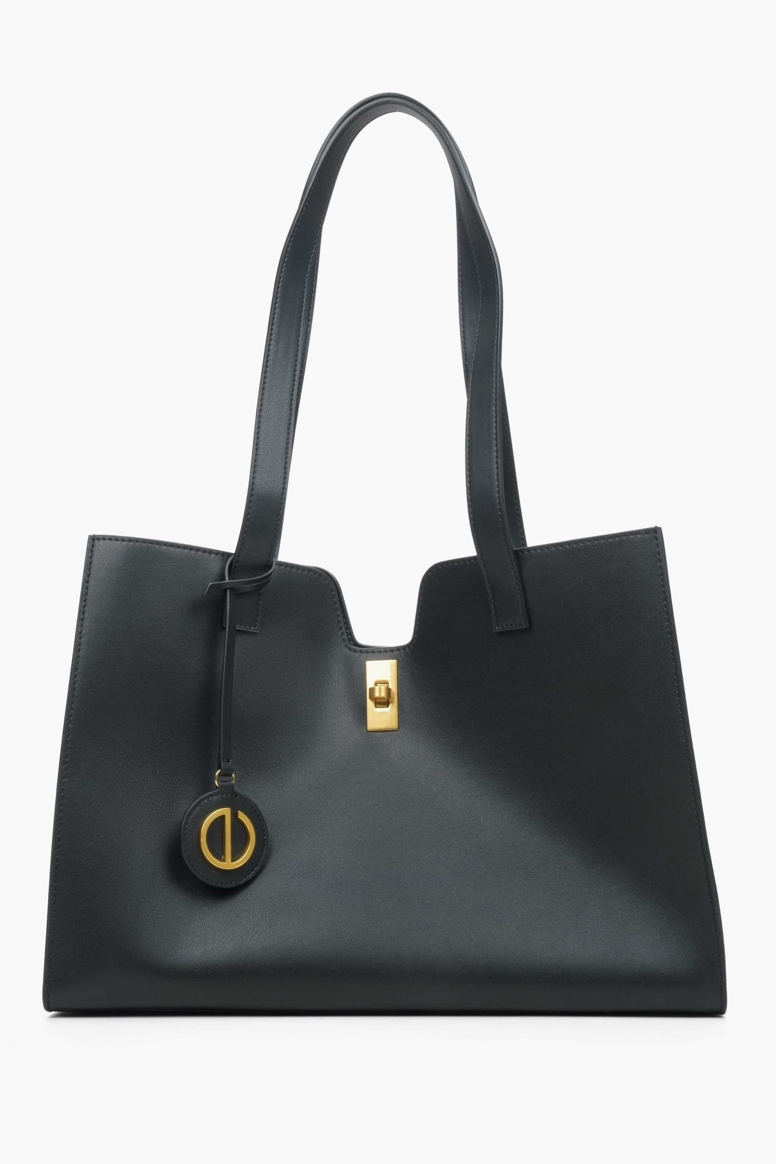 Estro: Czarna skórzana torebka damska typu shopper z ozdobnym pasem