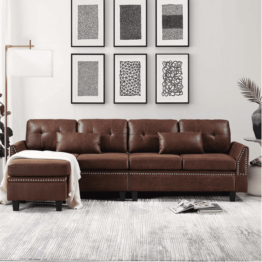 Viatol High Back Couch Mid-century Suede Leather Wood Legs Chaise Sofa ...
