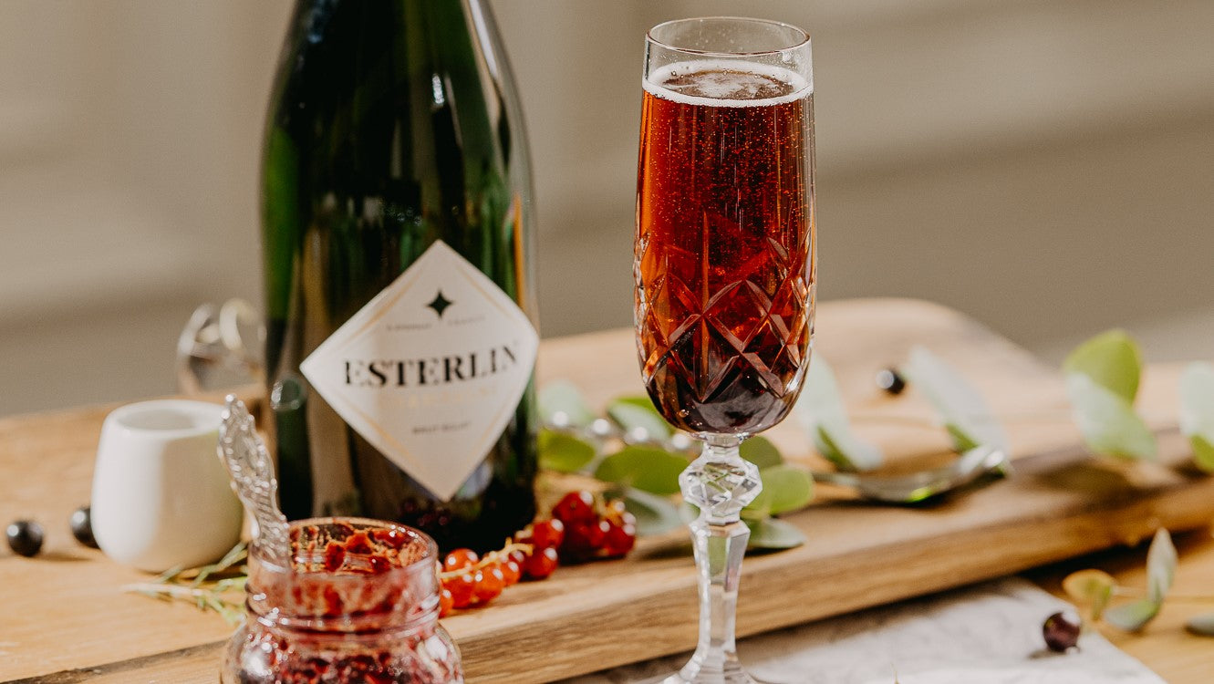 Highland Kir Royale, made with Baxters Limited Edition Blackcurrant and Cassis Conserve, Tayport Distillert 1992 Blackcurrant Premium Liqueur and Esterlin Champagne Brut Eclat