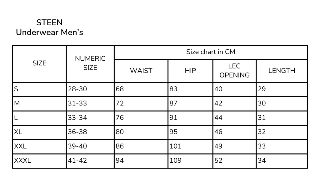 STEEN | Underwear Men's | Size Chart