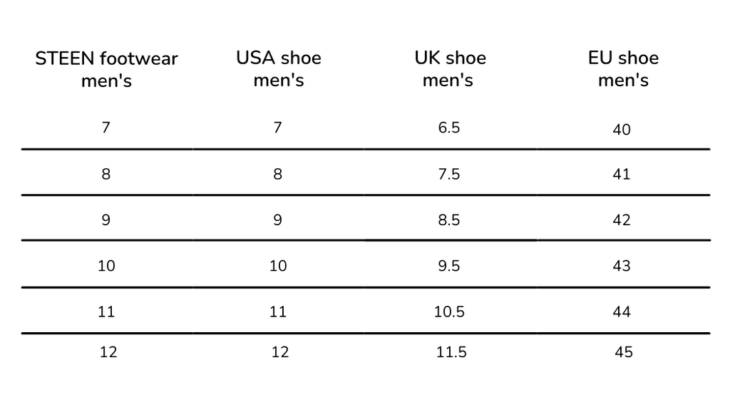 STEEN | Size Guide Footwear Men's