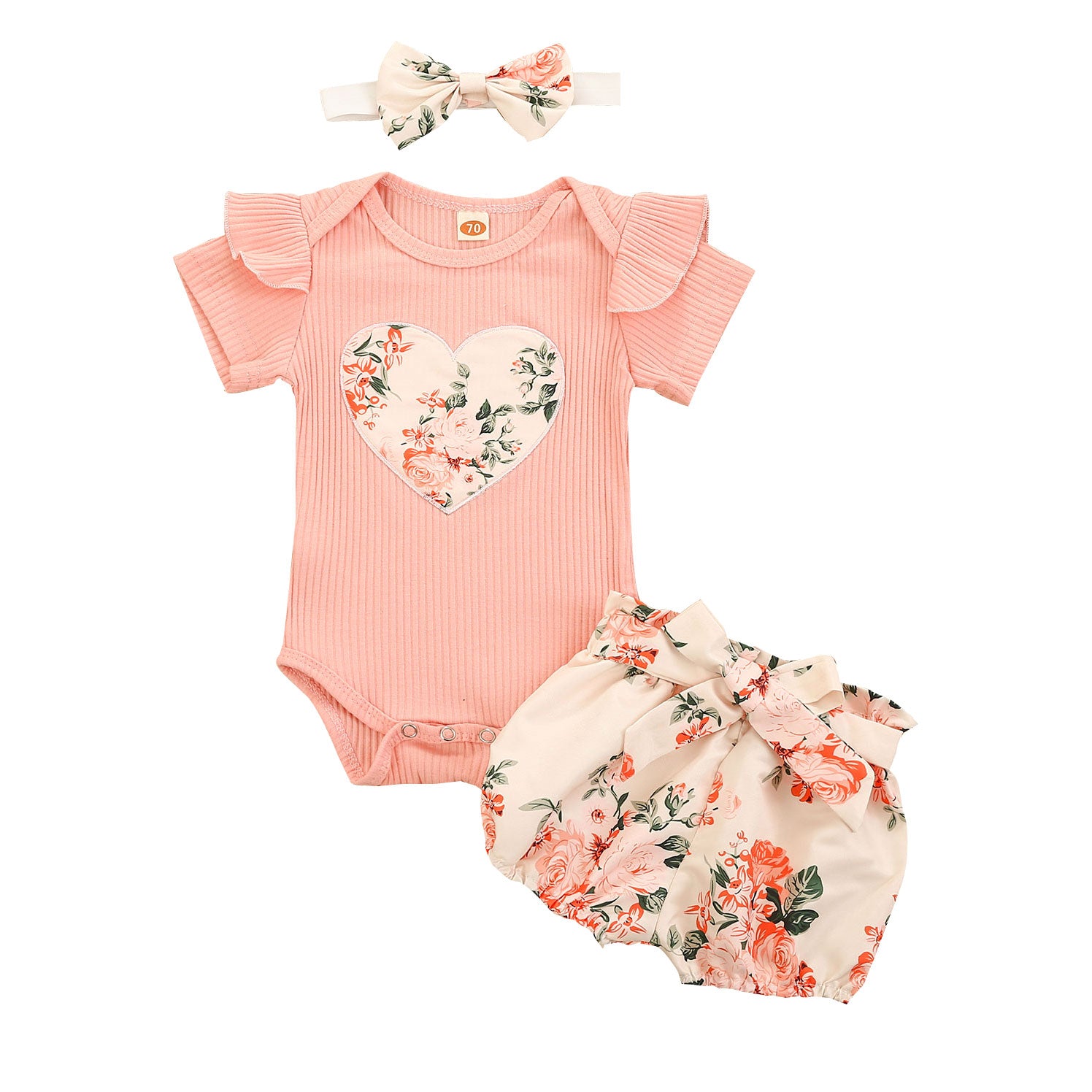 Short Sleeve Knit Romper + Floral Shorts + Headband Sweet Set