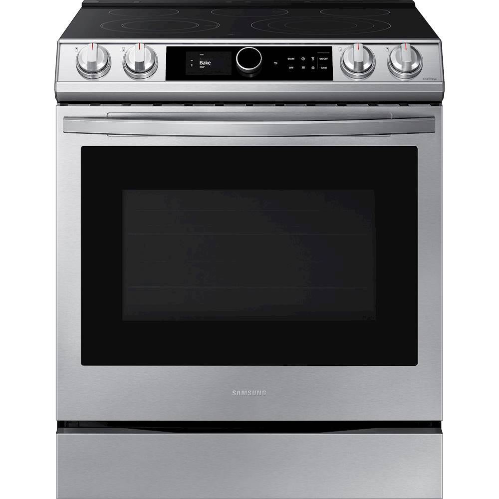 Samsung 6.3 cu. ft. Front Control Slide-in Electric Convection Range with Smart Dial Air Fry&Wi-Fi Fingerprint Resistant Stainless Steel (w/ Kit)