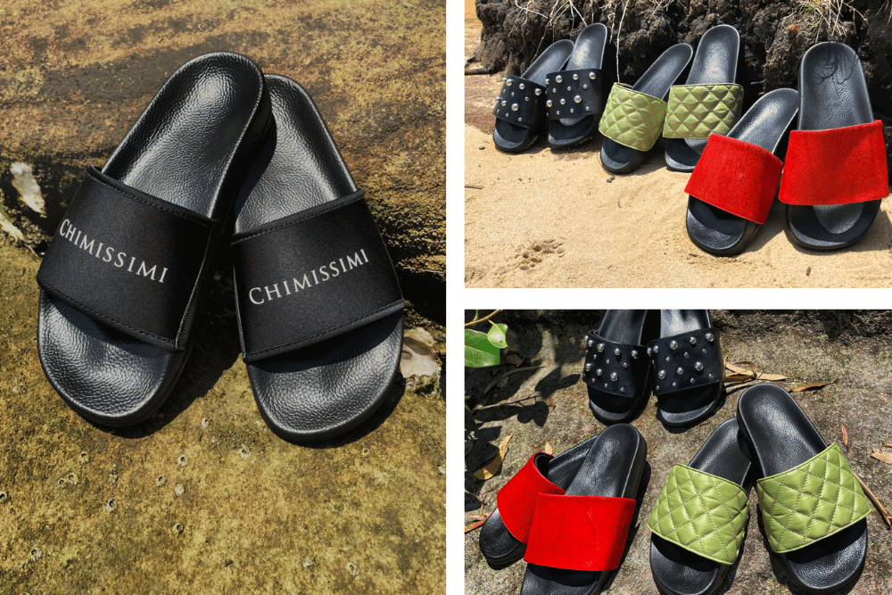 Black base slides with red avocado green and studded interchangeable uppers