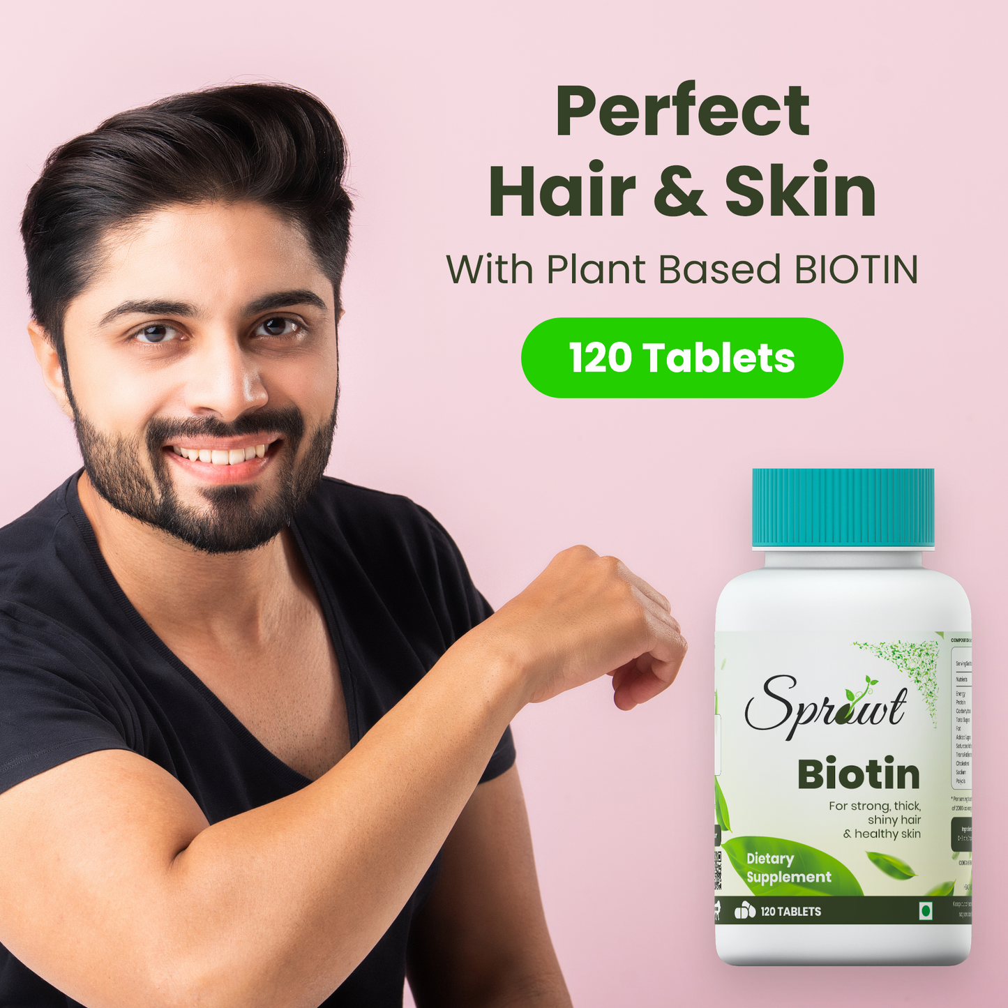 Sprowt Plant Based Biotin for Hair Growth, Skin & Nails - 10000 mcg | Pack of 3, 120 Tablets Each