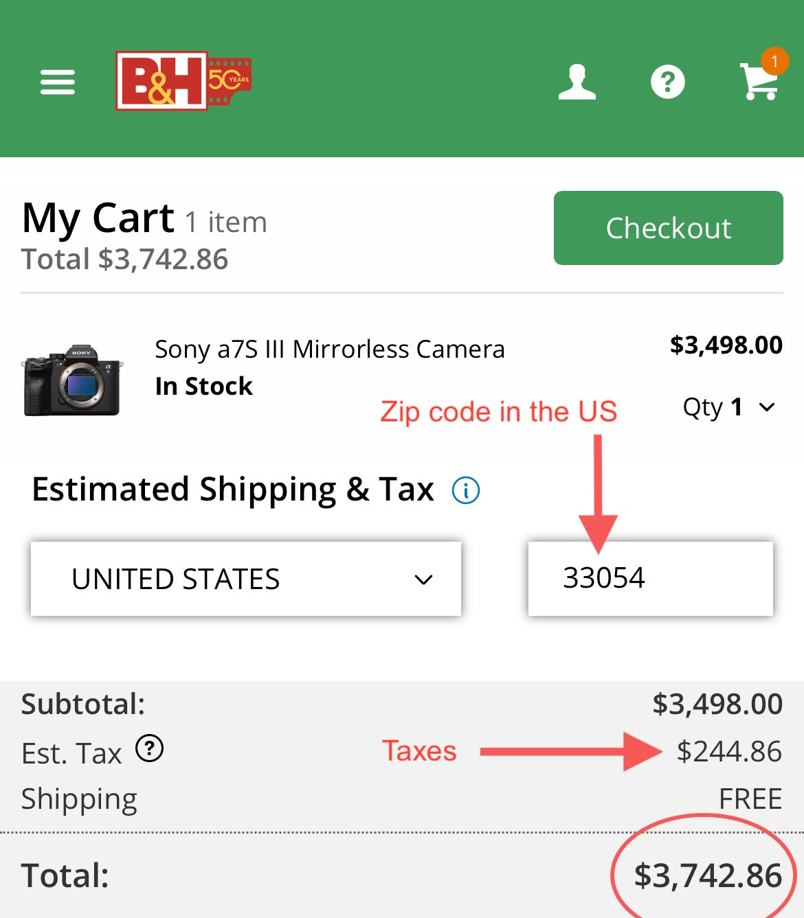 Screenshot (edited) of the B&H checkout page