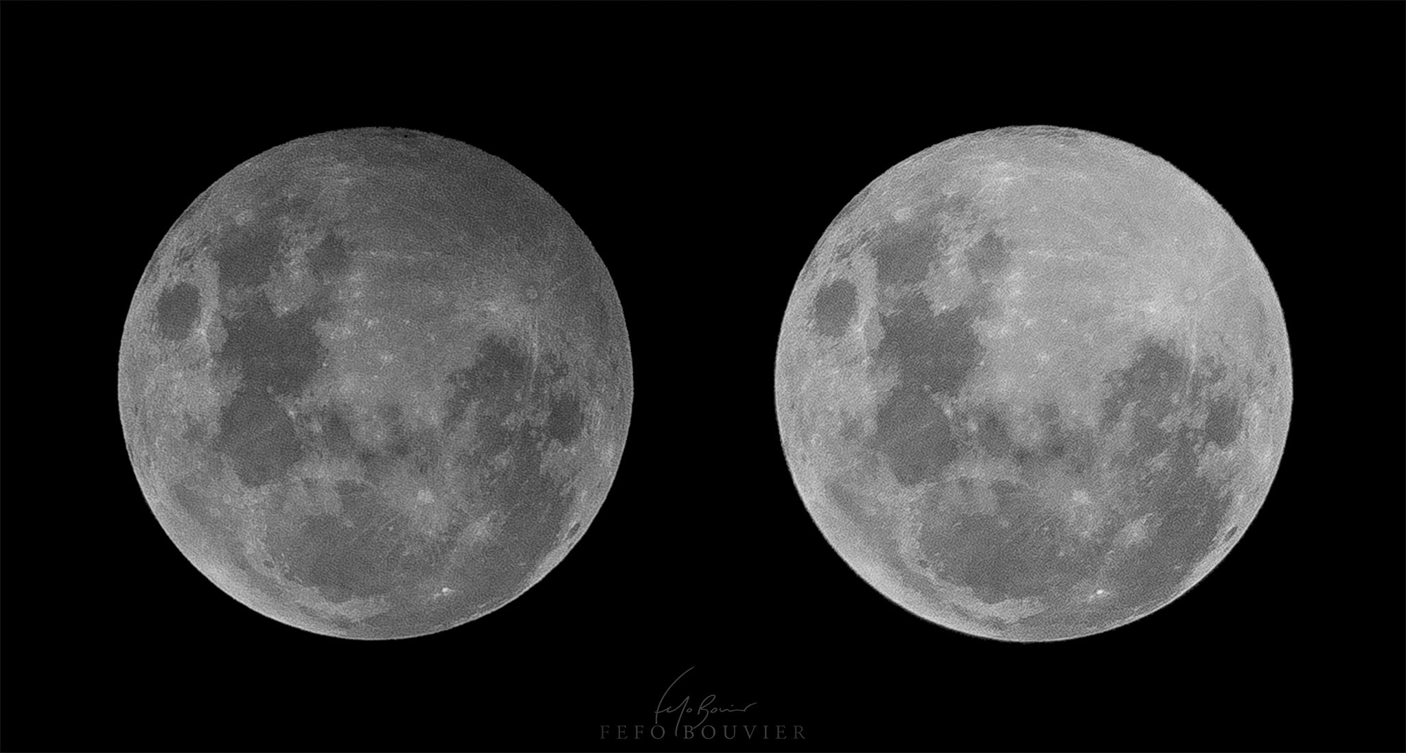 Comparación del brillo de la Luna llena durante (izquierda) y después (derecha) del eclipse lunar penumbral del 13 de octubre de 2013