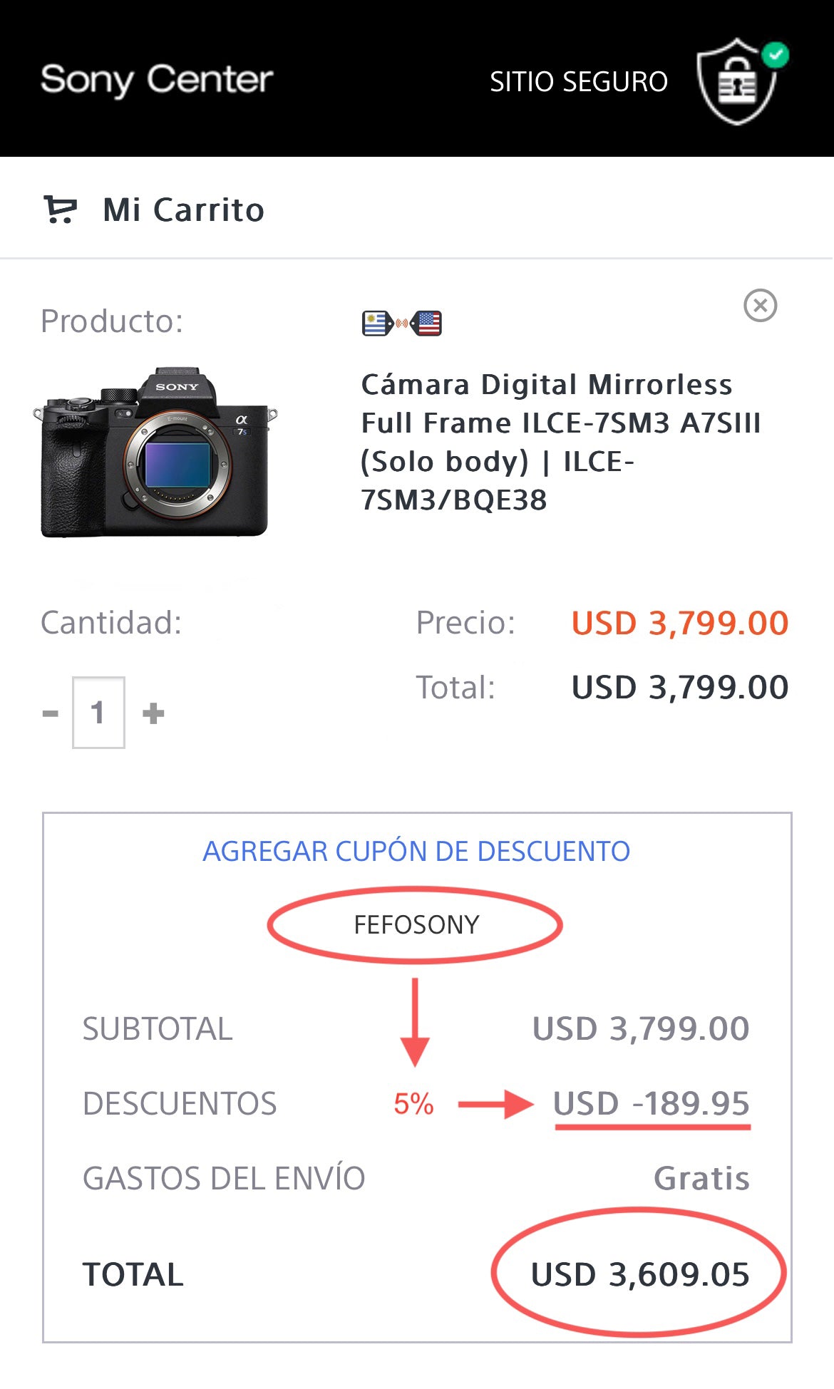 Screenshot (edited) of the Sony Center Uruguay checkout page