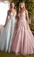 Image of two women each wearing a pastel ball gown where one is light blue and the other is light pink.