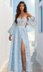 Image of woman standing outside wearing a pastel light blue prom dress with removable sleeves.