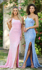 Image of two women standing outside wearing long sequin prom dresses and one is light pink where as the other is light blue.