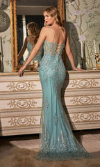 Image of the back of a woman showing off a long prom dress with a sheer corset bodice.