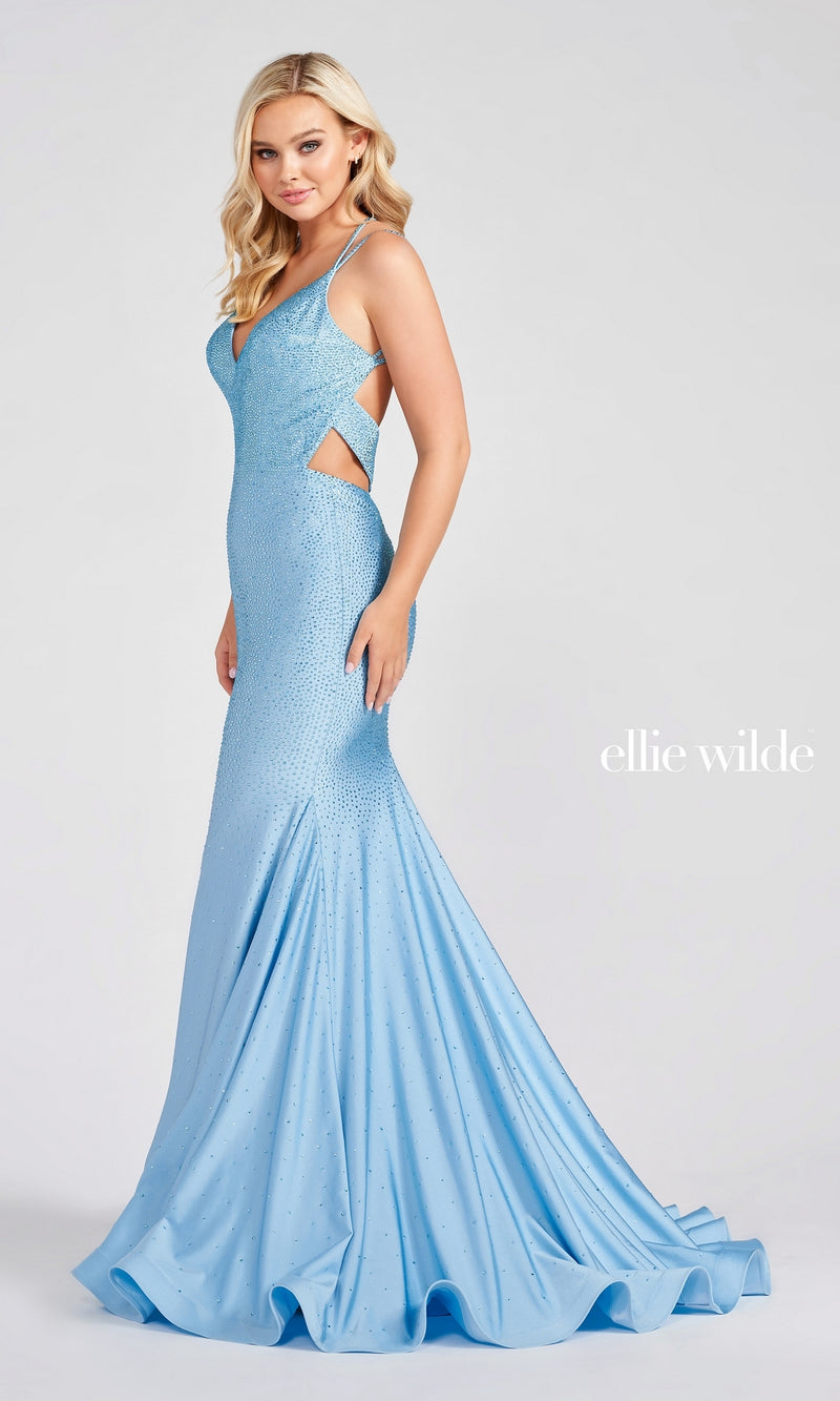 Ellie Wilde Backless Long Beaded Formal Gown- PromGirl