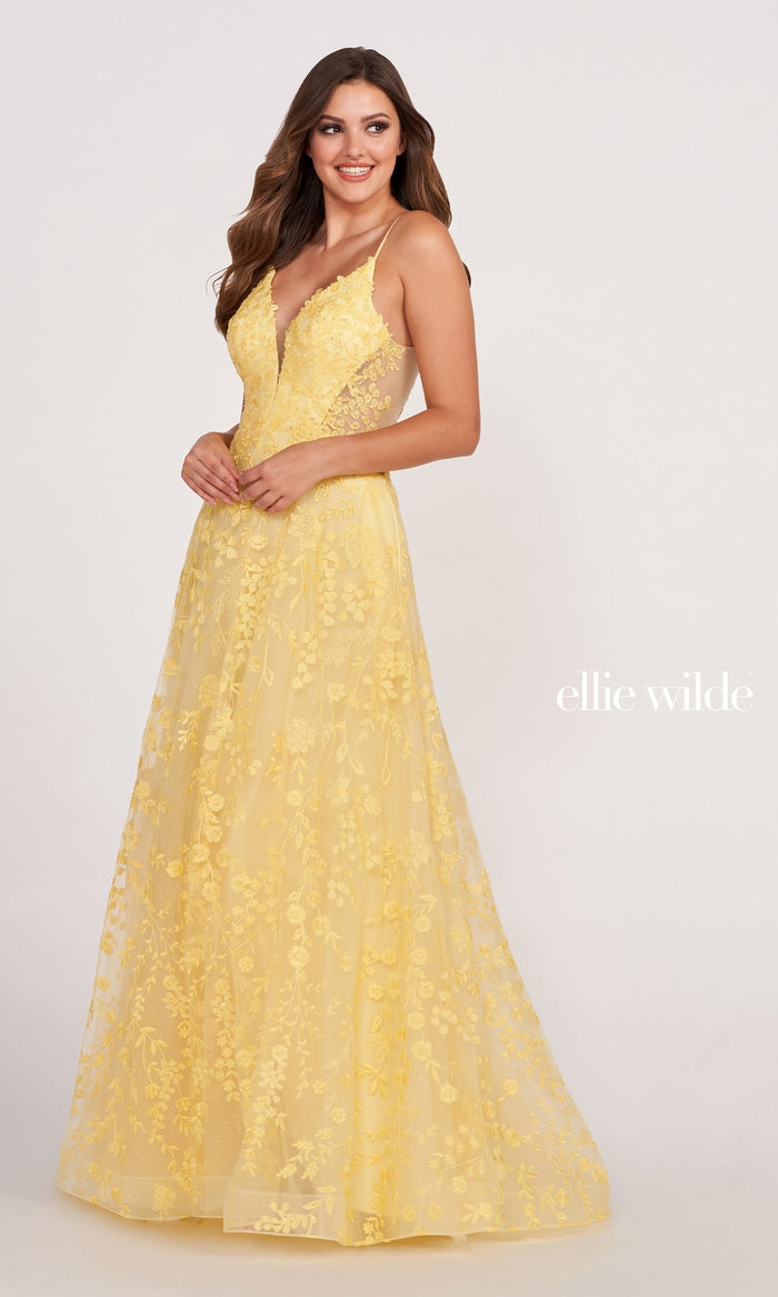 Yellow Velvet Lace Appliqued Long Train Prom Dress - Xdressy