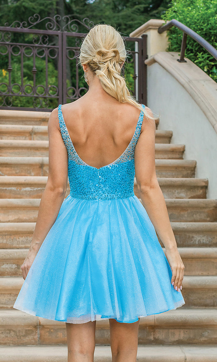 Sheer-Bodice Glitter Short Prom Dress - PromGirl