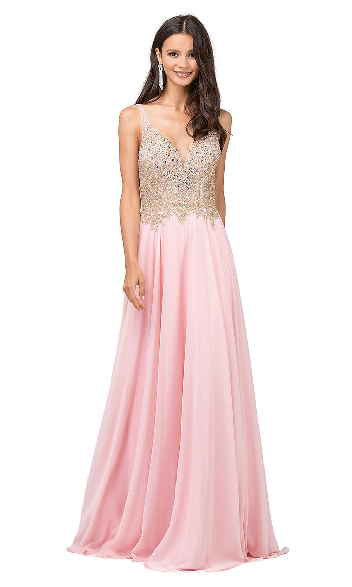 Long A-Line Beaded-Bodice Lace-Up Prom Dress