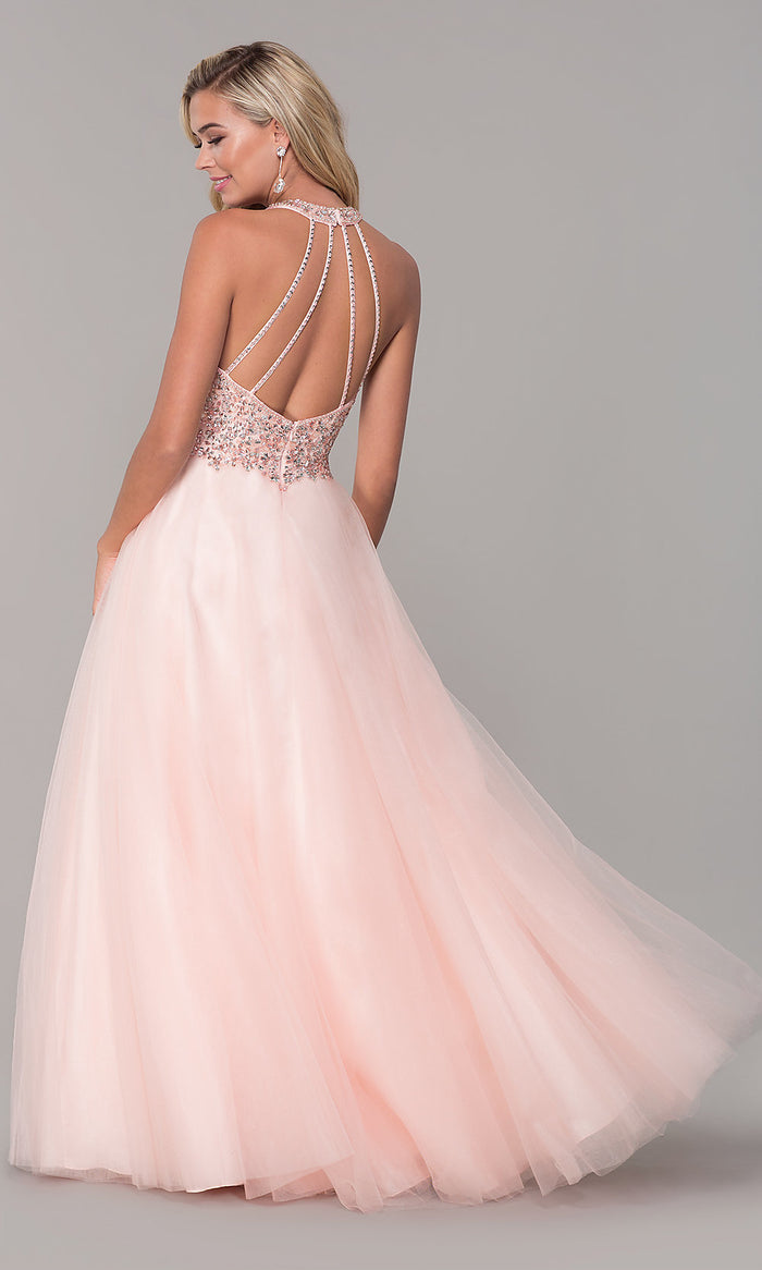 V-Neck Sleeveless Beaded-Bodice Long Prom Dress - PromGirl