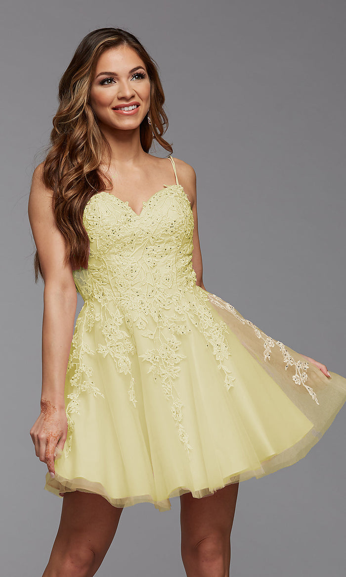 Short A-Line Prom Dress with Sheer Bodice - PromGirl