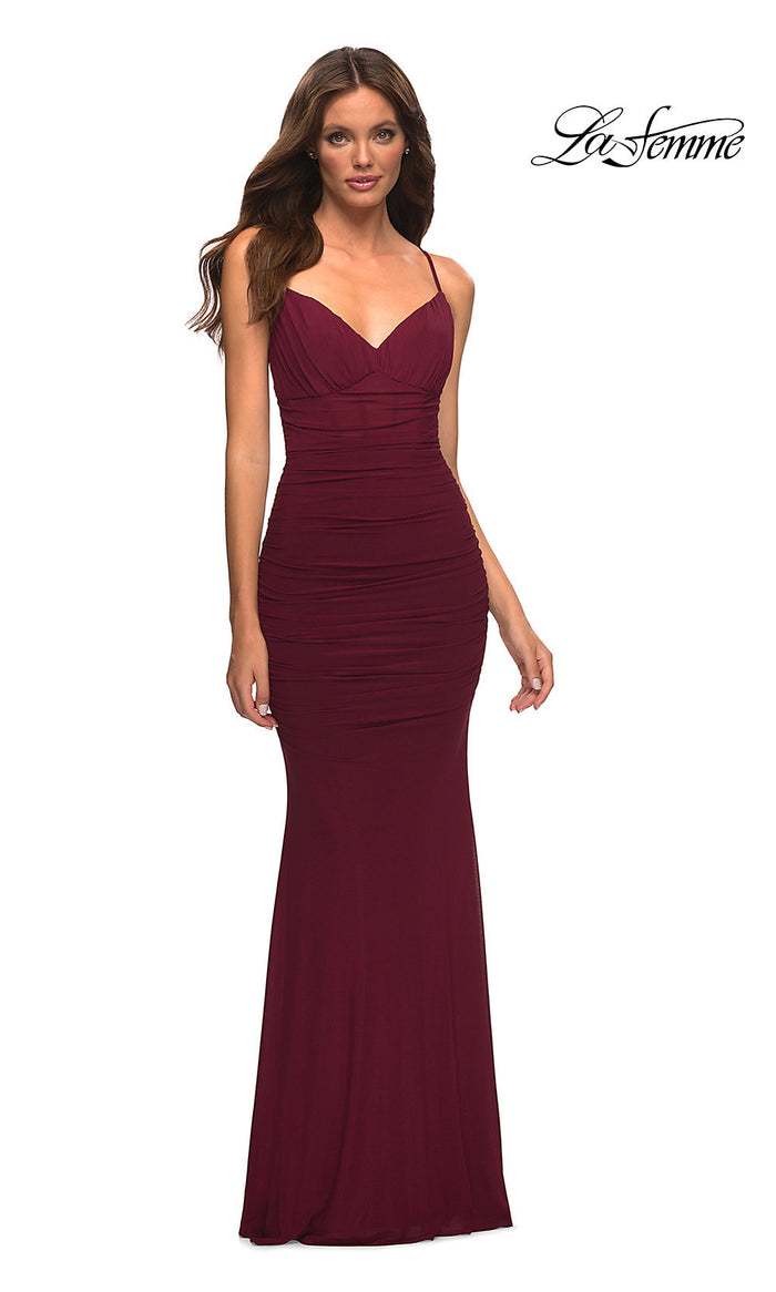 Faux-Wrap Long Strappy Prom Dress - PromGirl