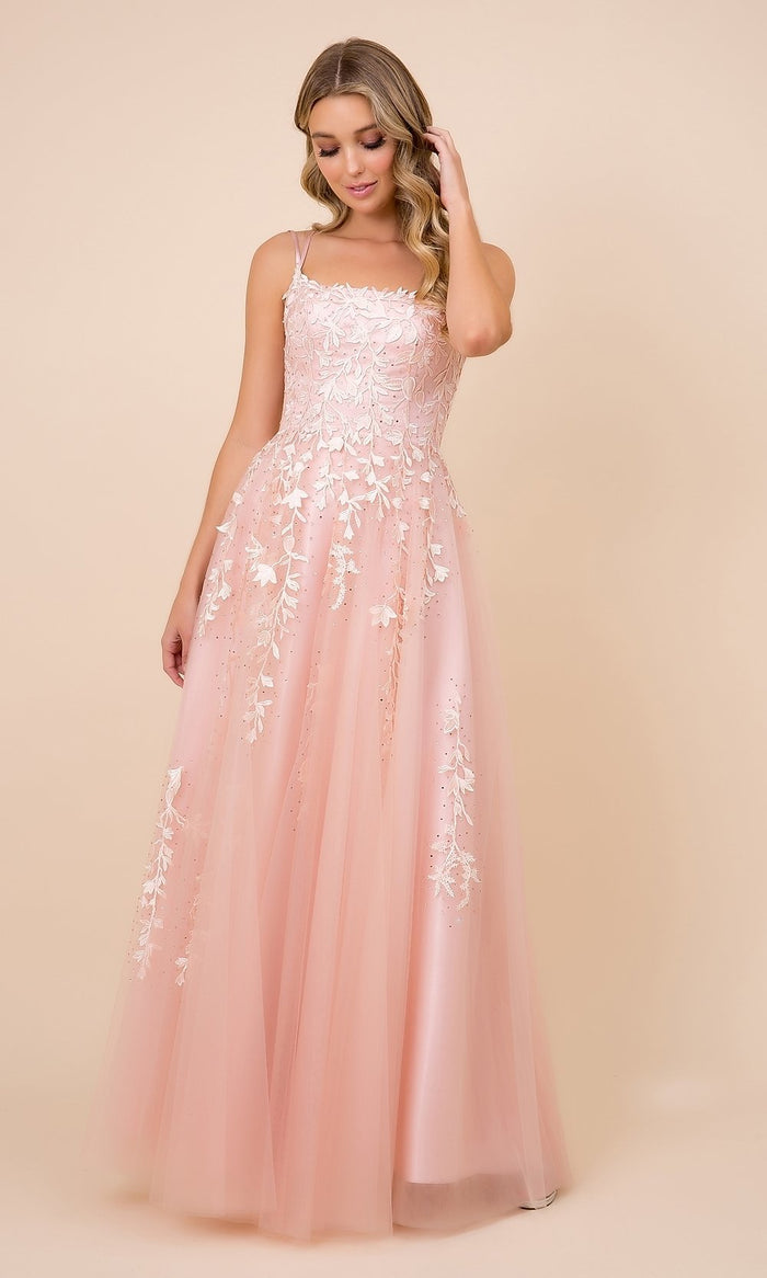 Long Embroidered Sheer-Corset Prom Ball Gown