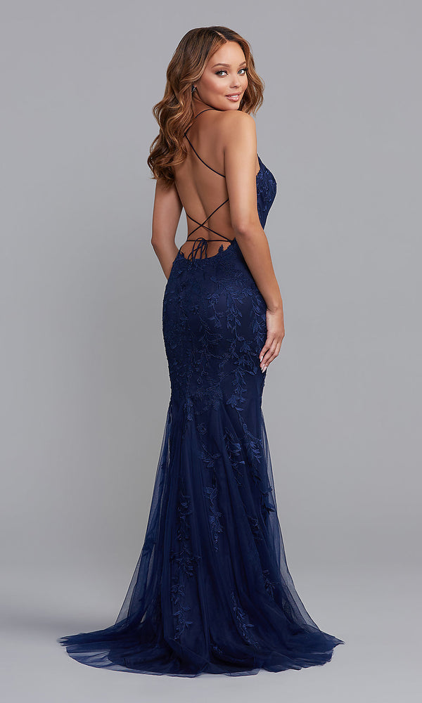 Long Blue Prom Dress with Statement Back - PromGirl