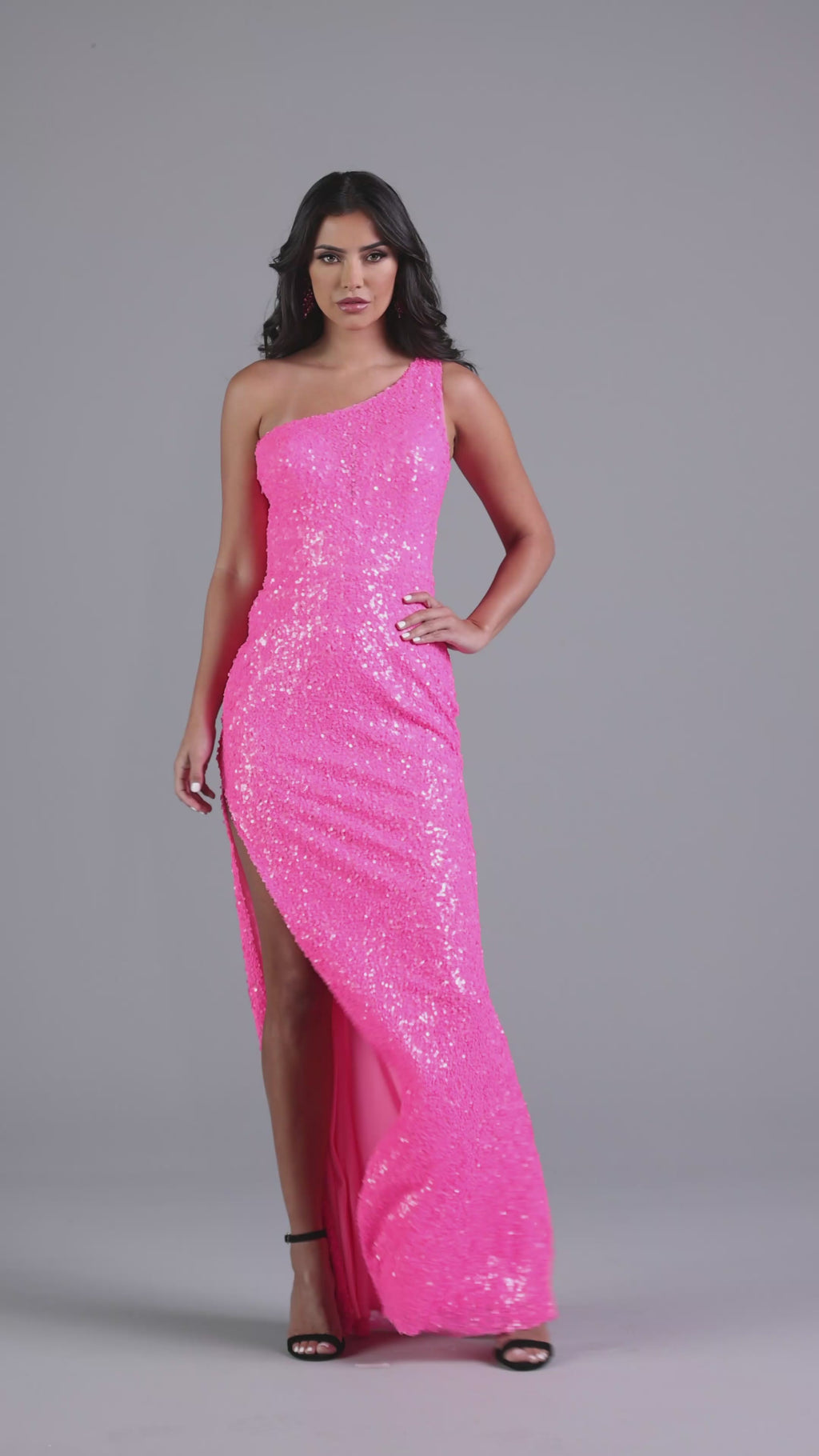 Hot Pink One Shoulder Sequin Prom Dress Promgirl