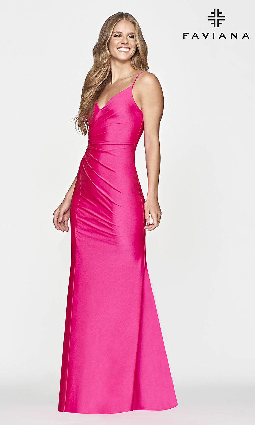 Lace-Up Long Faviana Prom Dress in Hot Pink- PromGirl