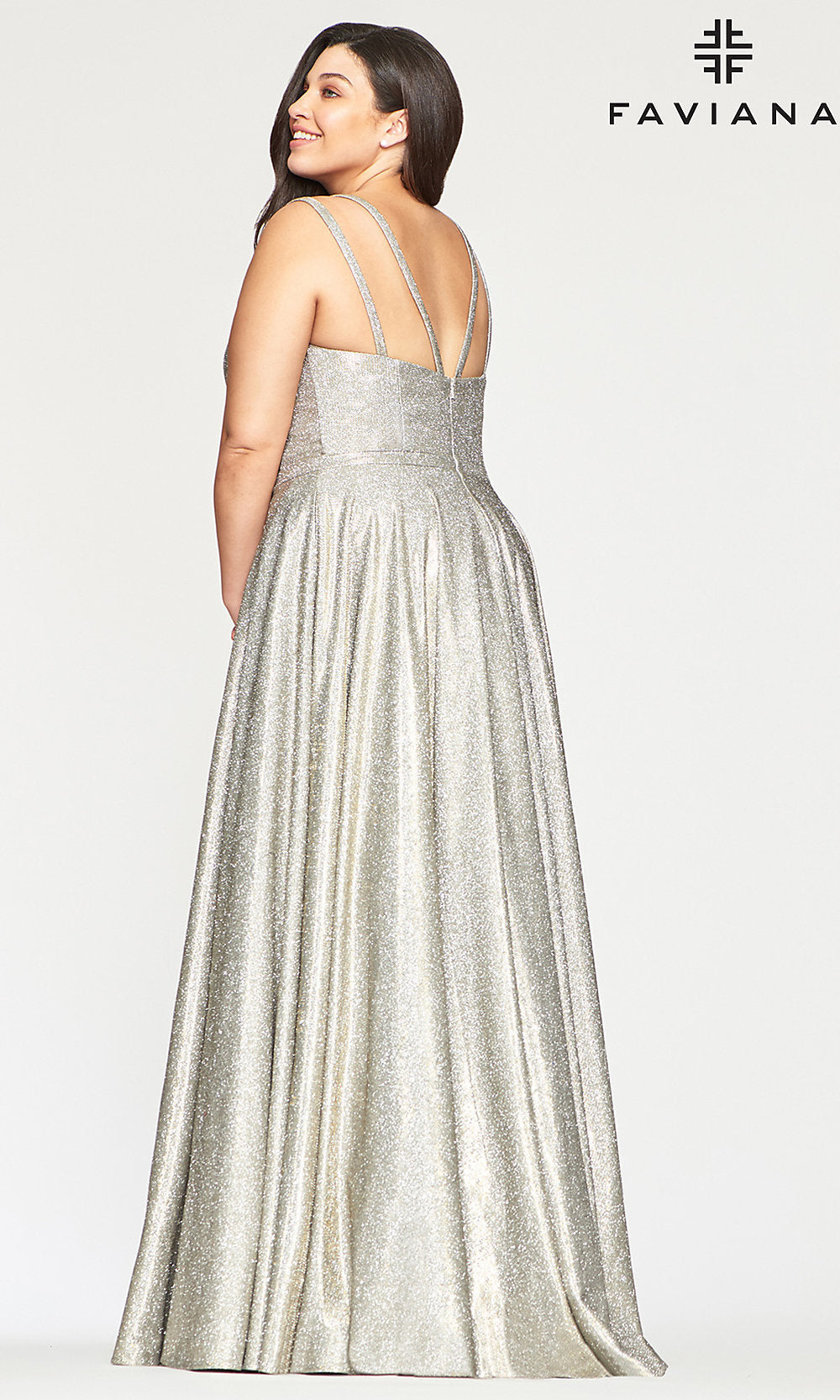 Faviana Plus-Long Glitter Plus-Size Prom Dress in Silver and Gold