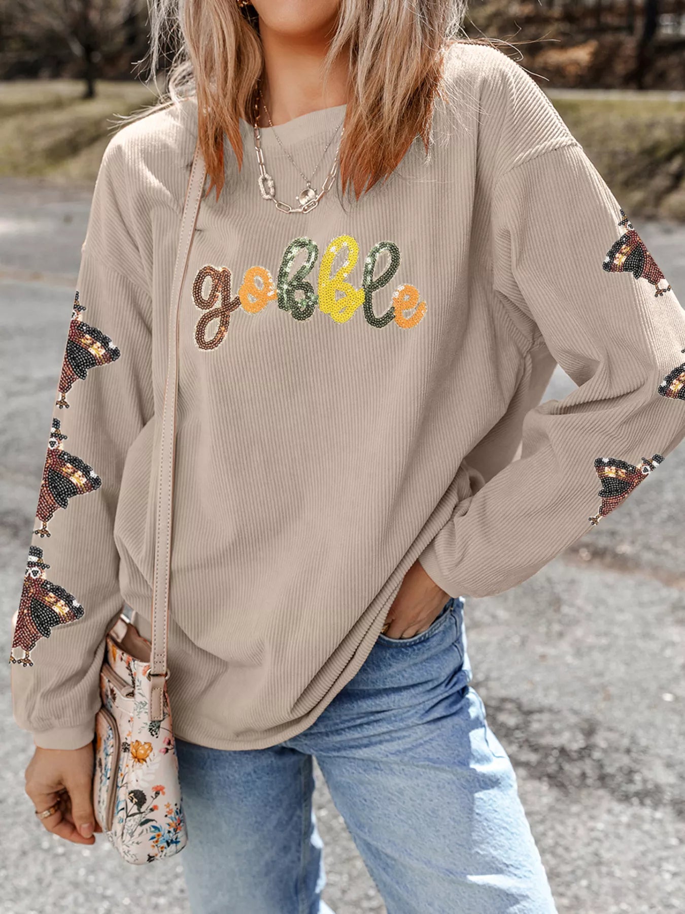 Gobble Corded Ribbed Thanksgiving Turkey Sequin Patched Sleeve Sweatshirt