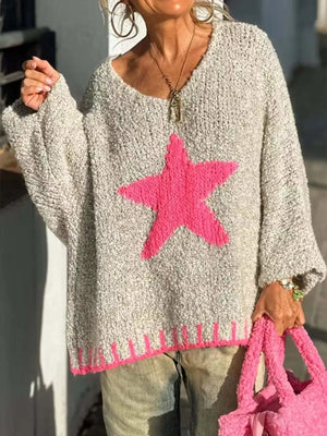 Star V-Neck Long Sleeve Sweater - Willow Dock Designs