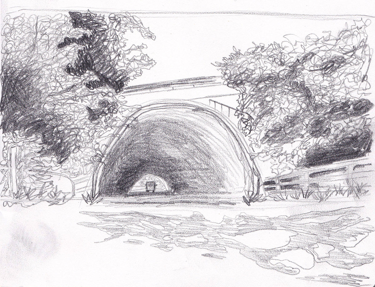 Pencil drawing by Leah Davies of road tunnel under the M40 motorway, Stokenchurch, Buckinghamshire.
